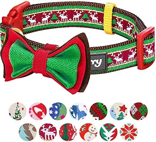 Blueberry Pet Santa’s Reindeer Christmas Dog Collar with Detachable Bow Tie, Adjustable Small Size, 12"-16" Neck