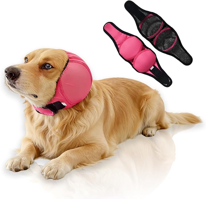 Waterproof Dog Ear Covers,No Flap Ear Wraps for Dogs,Dog Ear Muffs for Noise Protection & Anxiety Relief,Adjustable Dog Calming Hoodie Shower Cap for Bathing Grooming(Fuchsia,M)