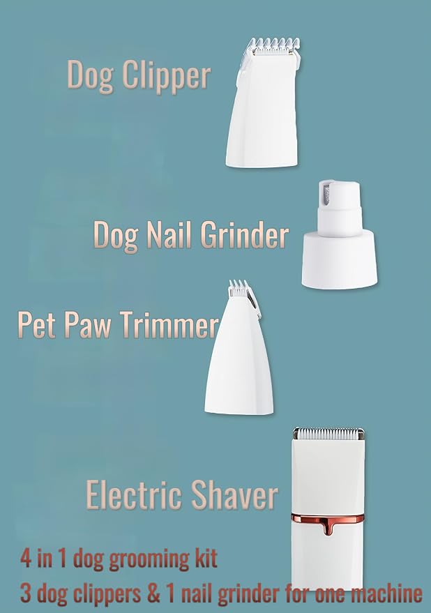 4-in-1 Dog Clippers Grooming Kit, Low Noise Cordless - White