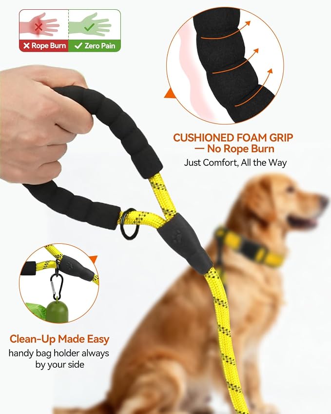 Joytale Rope Dog Leash for Medium Large Dogs, Padded Handle, 5FT, Yellow | Reinforced Nylon Webbing, Comfort Grip Eases Hand Strain, Swivel Clip Prevents Tangles, Visible at Night, for Outdoor Walks