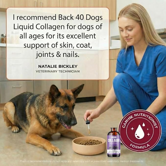 Back 40 Dogs Premium Grass-Fed Liquid Collagen for Dogs Skin and Coat, Hips and Joints | Allergy Relief with Biotin, Vitamin C and MSM for Joint, Nails & Immunity | Made in USA