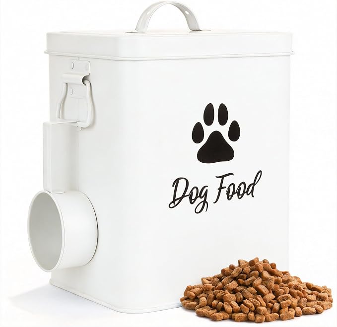 Dog Food Container 6.6lb, 6.6lb, Metal, White
