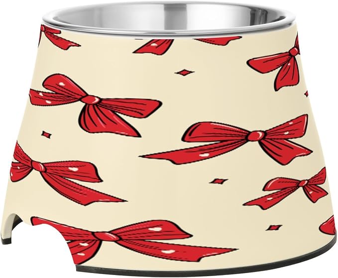 Blueangle Elevated Dog Bowls with Stainless Steel - Non-Slip 2.3 Cup High Capacity Pet Dish for Spinal Health & Red Bows Design（310）