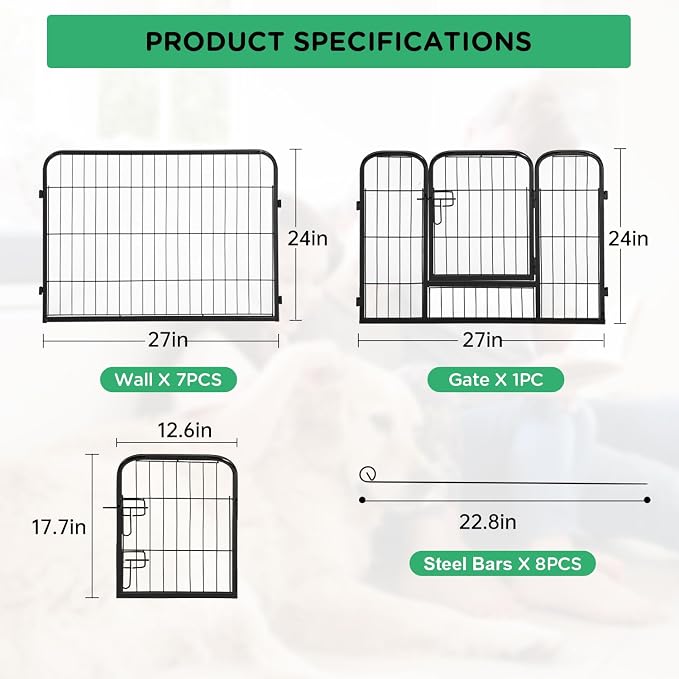 BestPet | Dog Playpen | 24 Inch, 8 Panels | Heavy Duty Metal Pet Exercise Pen | Indoor Outdoor Fence Panels | Rust-Resistant, Removable, Tool-Free Setup | Anti-Skid, Expandable Design