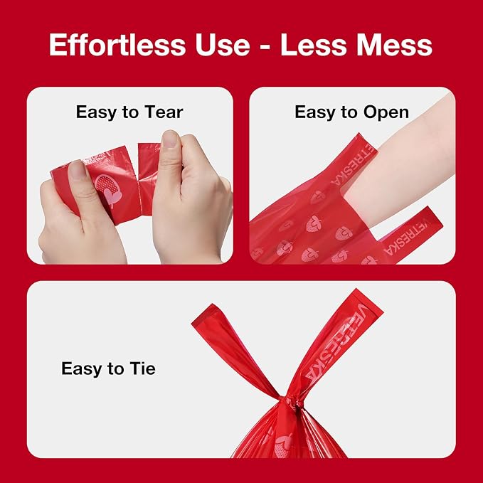 VETRESKA Dog Poop Bags with Handles 240 Count, Strawberry Scented Waste Bags, Leak-Proof Thick Dog Bags for Poop, Easy-Tie Large Poop Bags, 16 Refill Rolls for Dog Walking Cat Litter