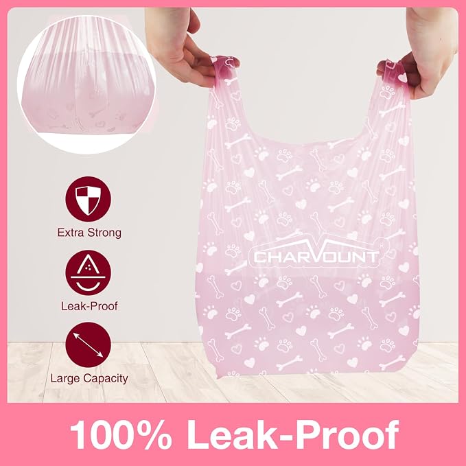 Charmount 120 Counts Unscented Dog Poop Bags Rolls with Handles, 16"x8"Extra Thick Pet Waste Bag, Leak Proof and Easy Tie, Cat Litter Bags, Pink