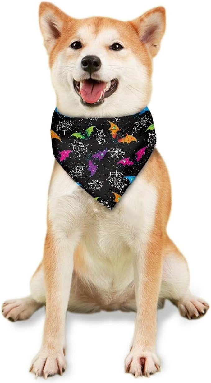 Jeiento Colorful Bats and Spider Web Dog Bandanas Pet Holiday Spider Wbe Bandanas Soft, Small, Polyester, Black