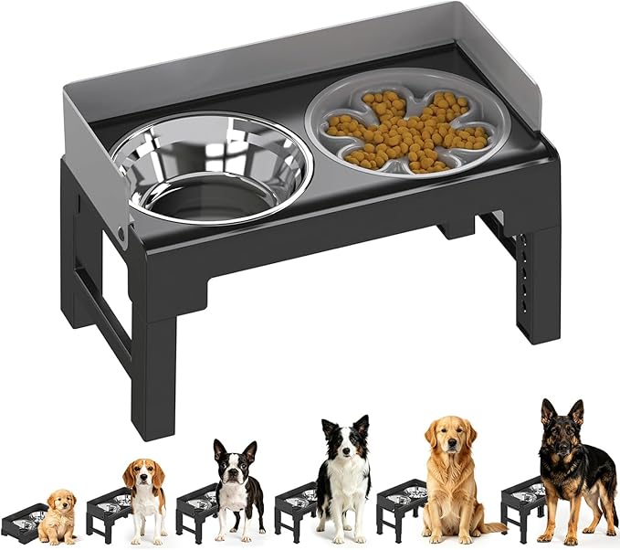 PAKEWAY Elevated Dog Bowls, Spill Proof, Tiltable Dog Feeder with 1 Slow Feeder Bowl &1 Stainless Steel Bowl, 6 Height Adjustable Raised Dog Bowls Stand for Medium Large Dogs