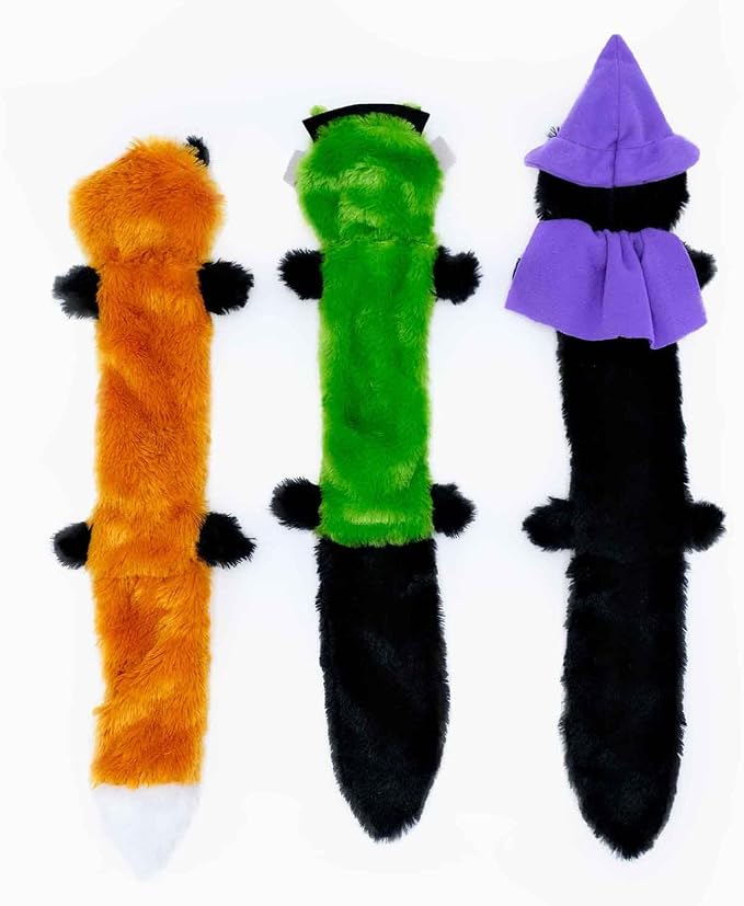 ZippyPaws Halloween Skinny Peltz-Zombie Fox,Franken-Weasel,&Witch Cat No Stuffing Squeaky Dog Toys,Flat Unstuffed Puppy Toy for Small & Medium Breeds,Multi-Pack of 3,18'',Orange,Green,PurpleZP1610)