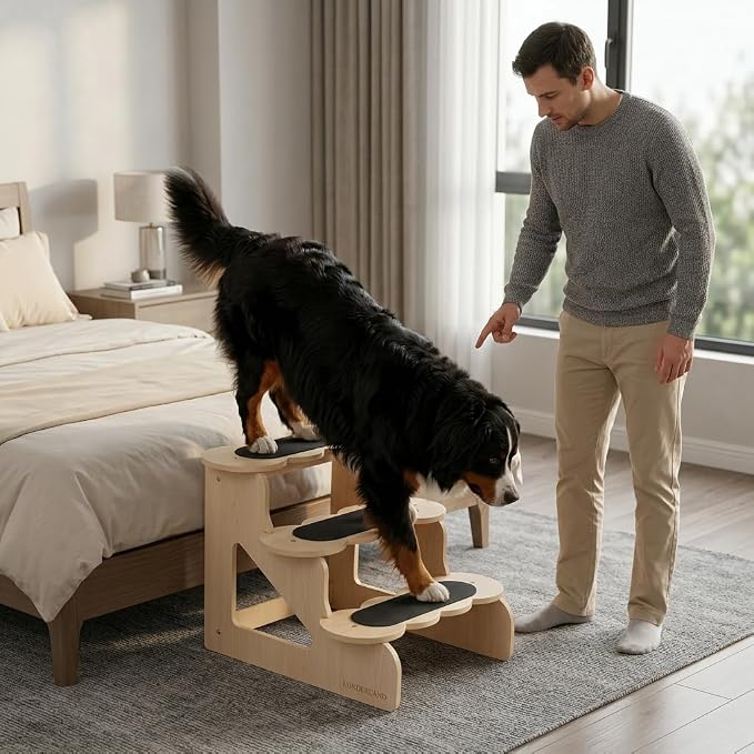Wood Dog Stairs 22⅞" D x 17½" W x 16½" H,YellowMaple Pattern | Trainer-Recommended Wood Ramp Steps – Sturdy Support for Small & Senior Dogs