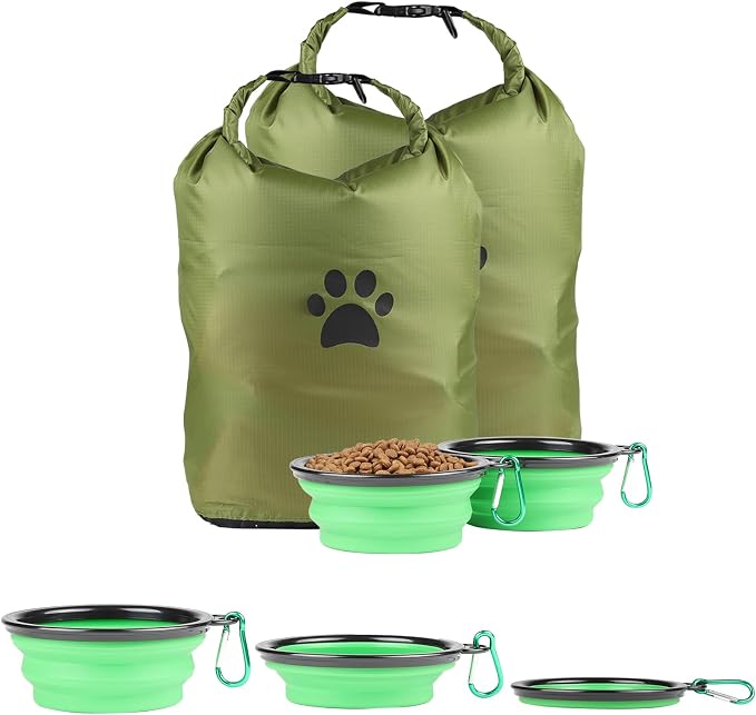 Pet Food Storage Bags, 2 Pack, with 2 Collapsible Dog Travel Bowls