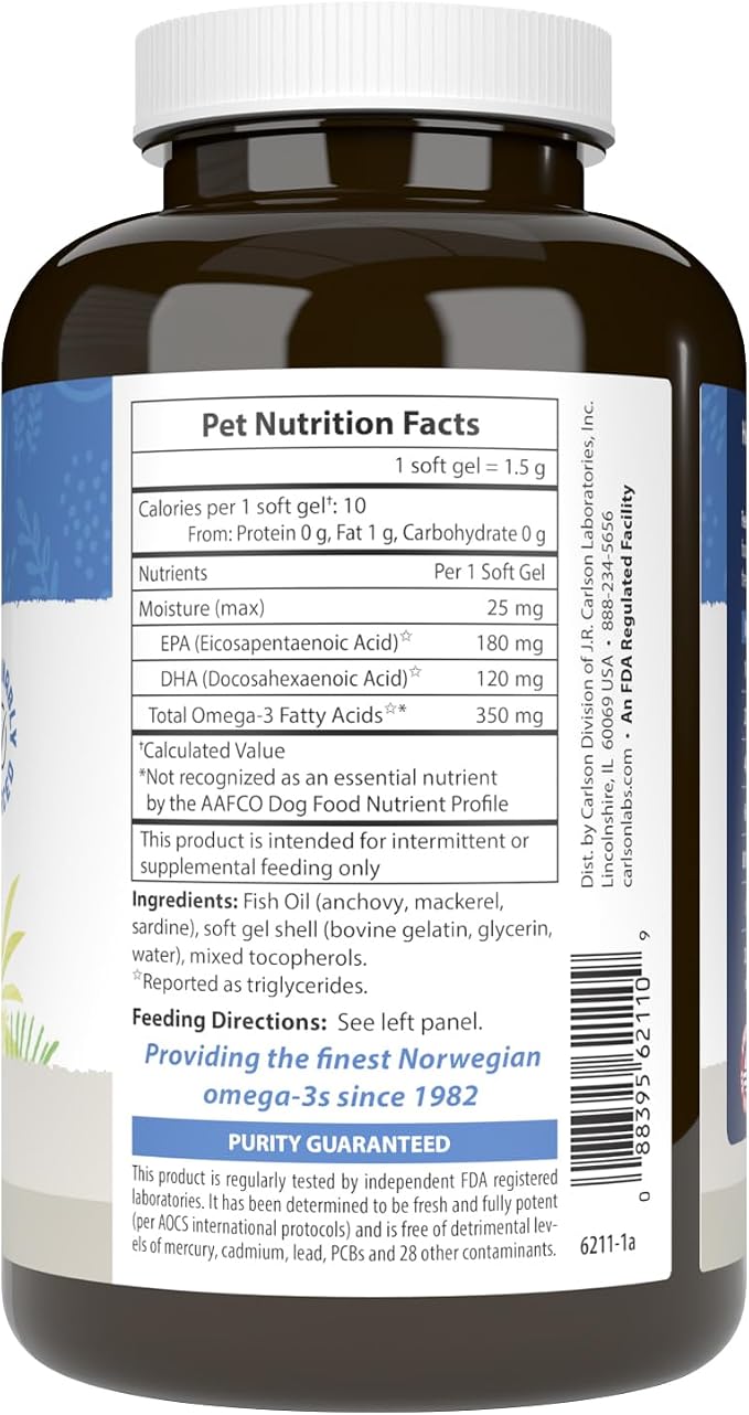 Carlson Omega-3 Fish Oil Soft Gels for Dogs, Supports Skin & Coat, Joint & Heart Health, Dog Supplement, 120 Soft Gels