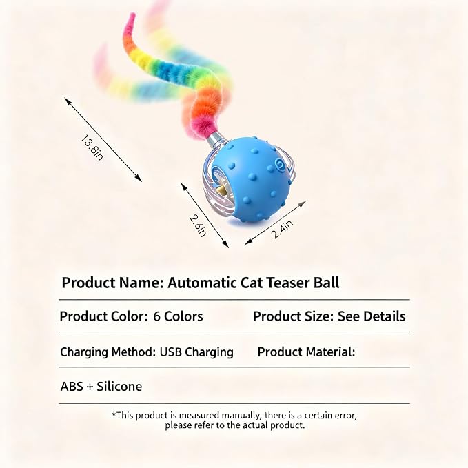 Interactive Cat Toy, Auto Chirping Ball 3 Tails, Self Play Indoor | USB-C charge, 2 modes, obstacle avoid, soft TPE tails, quiet, LED, durable ABS, boredom relief yellow