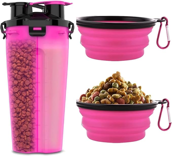 2-in-1 Dog Travel Water Bottle with Collapsible Bowl, Pink