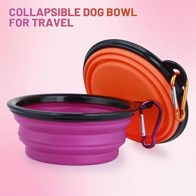 Dog Bowl Collapsible, 2 Pack, with Carabiners, Small, Orange+Purple