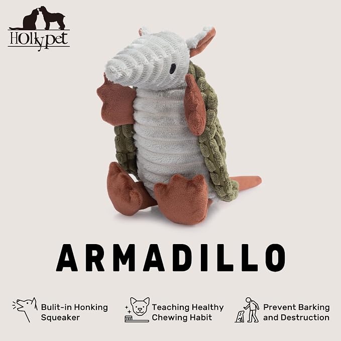 Hollypet Armadillo Squeaky Puppy Dog Toys for Small Medium Dogs, 8" | plush stuffed small dog squeak animal toy with unique grunt squeaker textured fabric for teeth cleaning toys