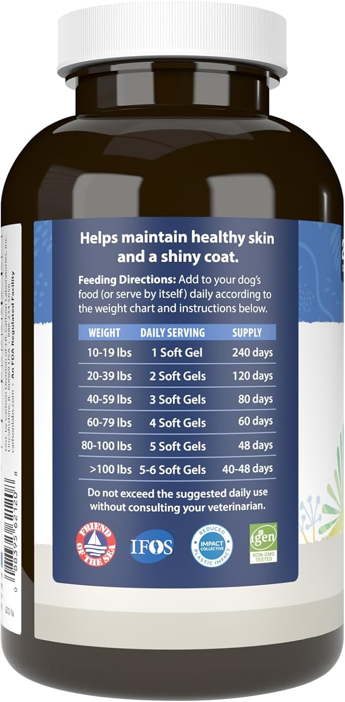 Carlson Omega-3 Fish Oil Soft Gels for Dogs, Supports Skin & Coat, Joint & Heart Health, Dog Supplement, 240 Soft Gels