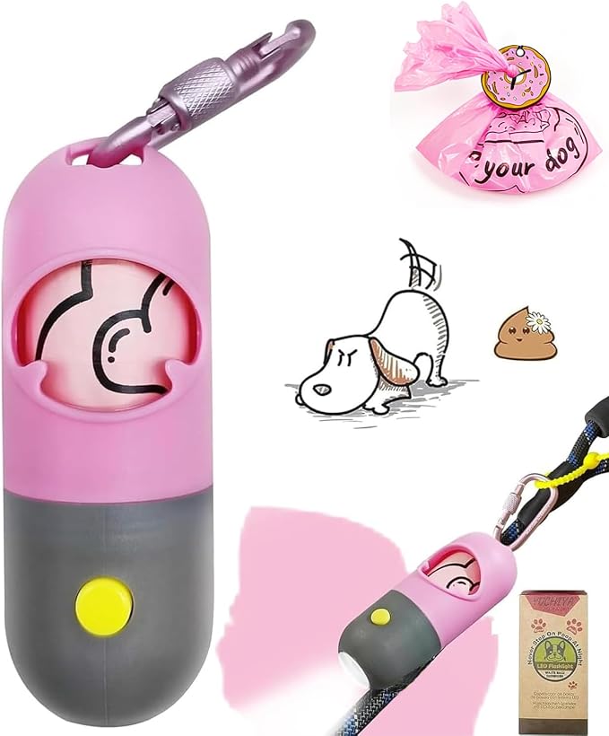 Dog Poop Bag Holder with LED Flashlight for Night Walks,Silicone Tether & Donut Pattern Clip for Used Bags, Hands-Free Metal Leash Carabiner, Includes 15 Scented Waste Bags(Pink)