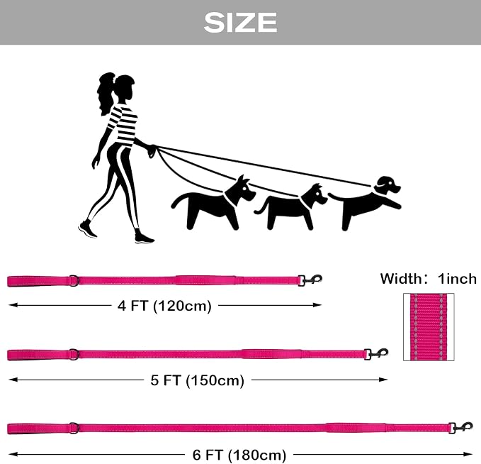 Joytale Dog Leash for Large Dogs that Pull, Double Handle, 5FT, Hot Pink | Traffic Handle for Control, Padded Handle Reduces Hand Strain, Reflective Stitching for Night Safety, Strong Nylon Webbing