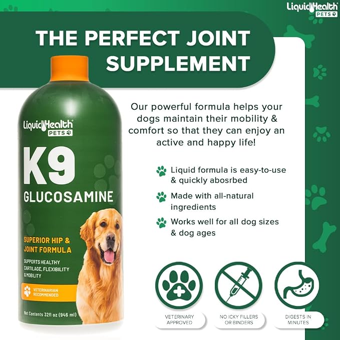 LIQUIDHEALTH 128 Oz K9 Liquid Glucosamine for Dogs, Puppies and Seniors - Chondroitin, MSM, Hyaluronic Acid – Dog Hip and Joint Health, Dog Vitamins for Dog Joint Pain, Dog Joint Oil - 1 Gallon