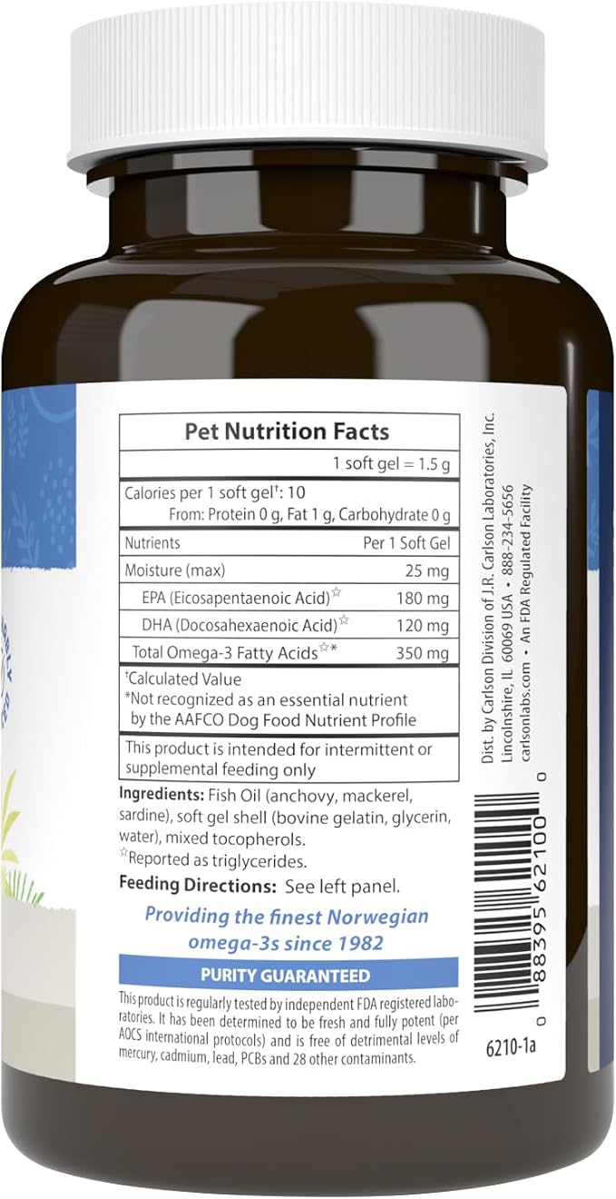 Carlson Omega-3 Fish Oil Soft Gels for Dogs, Supports Skin & Coat, Joint & Heart Health, Dog Supplement, 60 Soft Gels