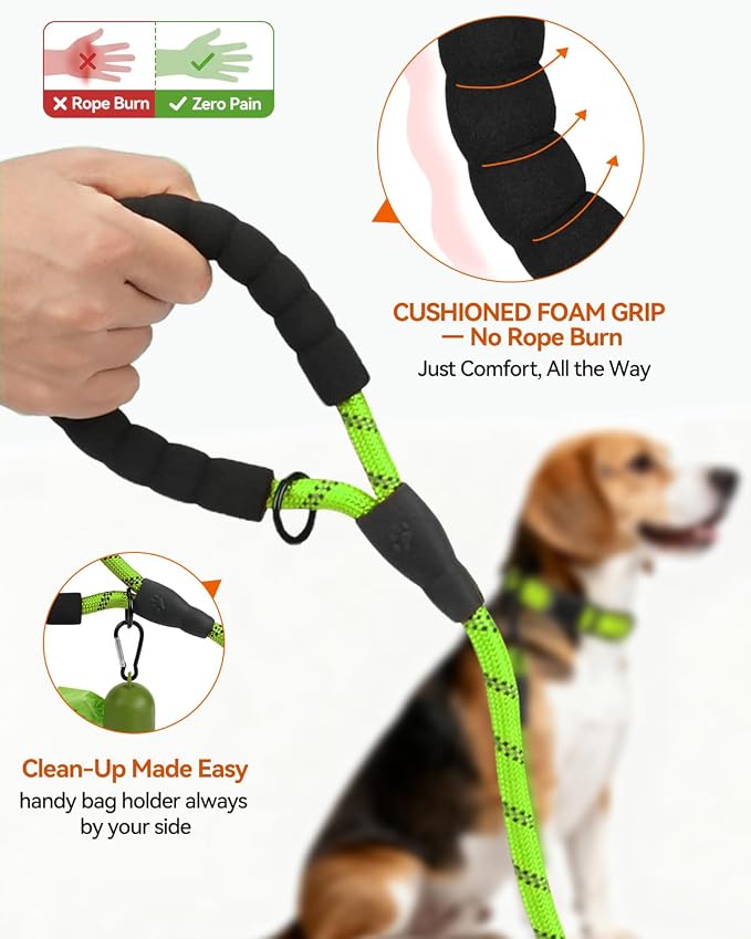 Joytale Rope Dog Leash for Small Dogs, Padded Handle, 6FT, Green | Reinforced Nylon Webbing, Comfort Grip Eases Hand Strain, Swivel Clip Prevents Tangles, Visible at Night, for Outdoor Walks