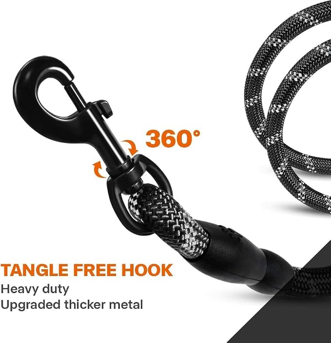 Taglory Rope Dog Leash for Small Medium Dogs, 6 FT Padded Handle, Black | Made of Climbing Rope, Reflective for Night Walks and Training, Comfortable Grip, Anti-tangle Swivel Clip, 3/8 inch