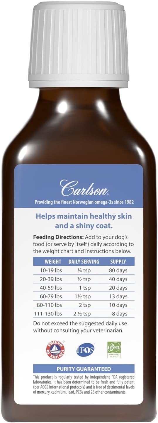 Carlson Omega-3 Fish Oil Liquid for Dogs, Supports Skin & Coat, Joint & Heart Health, Liquid Dog Supplement, 3.3 fl oz