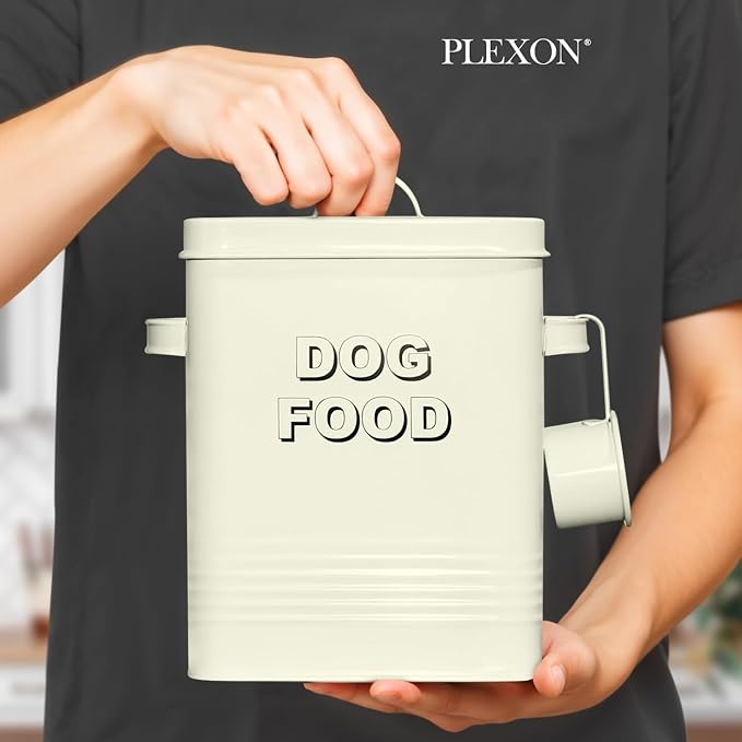 Plexon Metal Dog Food Storage Container with Scoop, 1.5 Gallon, 7 lbs, Off-White
