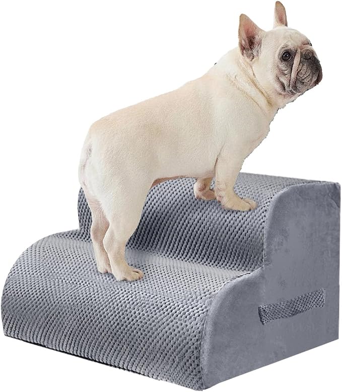 PAWSCRAT Dog Stairs for Small Pets, 11.8" H with 30D Material Soft Foam, Portable Ramp Non-Slip Surface Non-Slip for Couch and High Bed Climbing, 2-Step Stairs for Cat or Dog, LightGrey