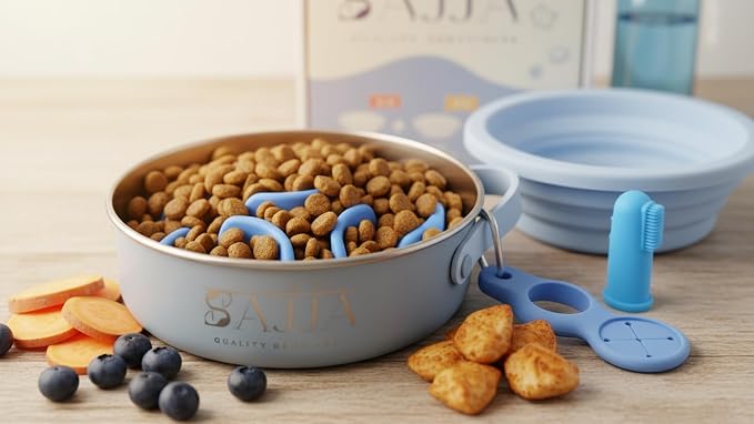 Blue Slow Feeder Travel Dog Bowl Set, 30oz Steel + 20oz Silicone