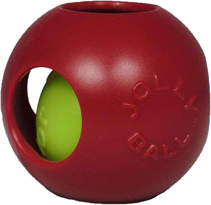Jolly Pets Teaser Ball Interactive Dog Toy, 4.5 in Small, Red | Ball-within-a-ball puzzle toy that floats - add peanut butter to the inner ball for extra fun