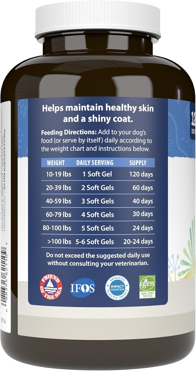Carlson Omega-3 Fish Oil Soft Gels for Dogs, Supports Skin & Coat, Joint & Heart Health, Dog Supplement, 120 Soft Gels