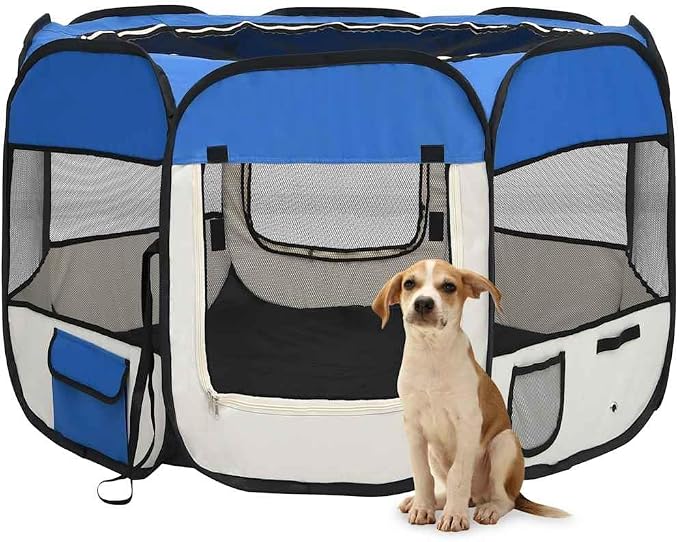 Foldable Dog Playpen with Carrying Bag, 35.4x35.4x22.8 Inches Indoor Outdoor Pet Play Area, Sturdy Steel Frame Mesh Roof and Side Nets
