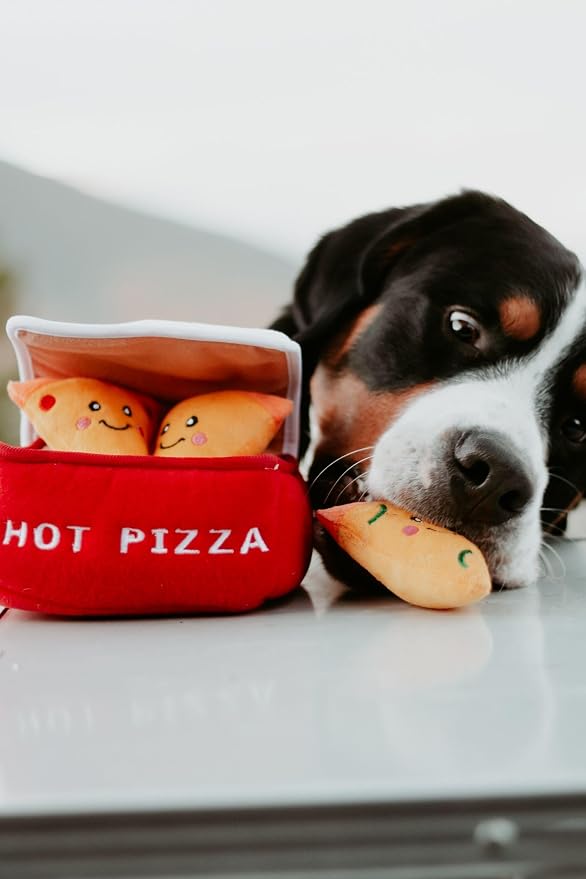 ZippyPaws Burrow Interactive Dog & Puppy Toys for Boredom - Pizza Box | Stimulating Pet Products to Keep them Busy, Hide & Seek Plush Dog Puzzle, Enrichment Squeaky Toy, For Small & Medium Dogs
