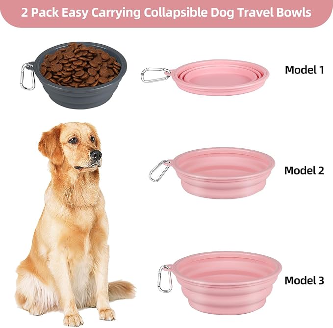 Kytely Collapsible Dog Bowls, X-Large 1500ml, 2 Pack, Pink & Grey
