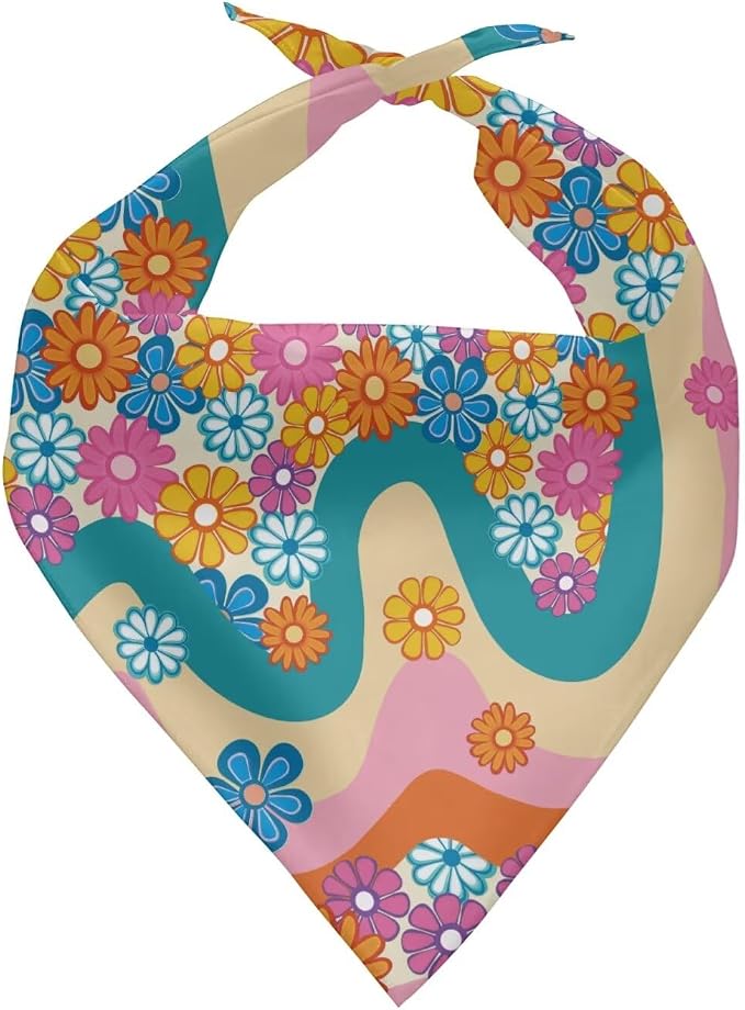 Forchrinse Hippie Flower Dog Bandanas Triangle Dog Bib Scarf Washable Pet Bandana Dog Kerchief, One Size, 1-Pack, Polyester, Hippie Floral Printed