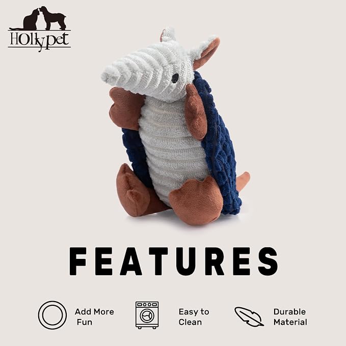 Hollypet Armadillo Squeaky Puppy Dog Toys for Small Medium Dogs, 8" | plush stuffed small dog squeak animal toy with unique grunt squeaker textured fabric for teeth cleaning toys