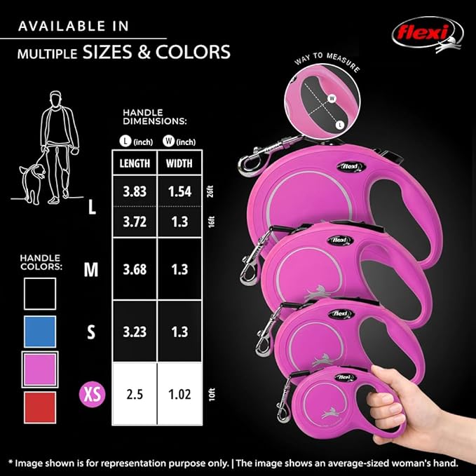 FLEXI® Classic XS Cord Retractable Dog Leash, 3-Finger Grip, 10 ft - Pink | German engineered, Pocket-Size original flexi leash, durable quality for dogs up to 18 lbs, tangle-free,reliable brake system