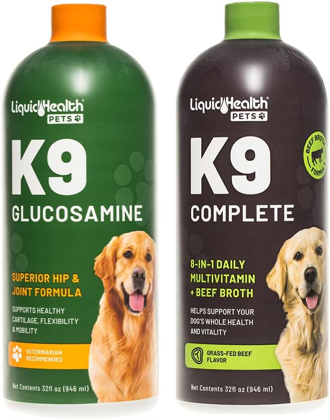 LIQUIDHEALTH Pets K9 Glucosamine Chondroitin Hip & Joint Formula & K9 Complete 8-in-1 Multivitamin for Dogs, Puppies - Pet Supplement Bundle for Joint Health, Immune Support, Canine Vitamins, USA Made