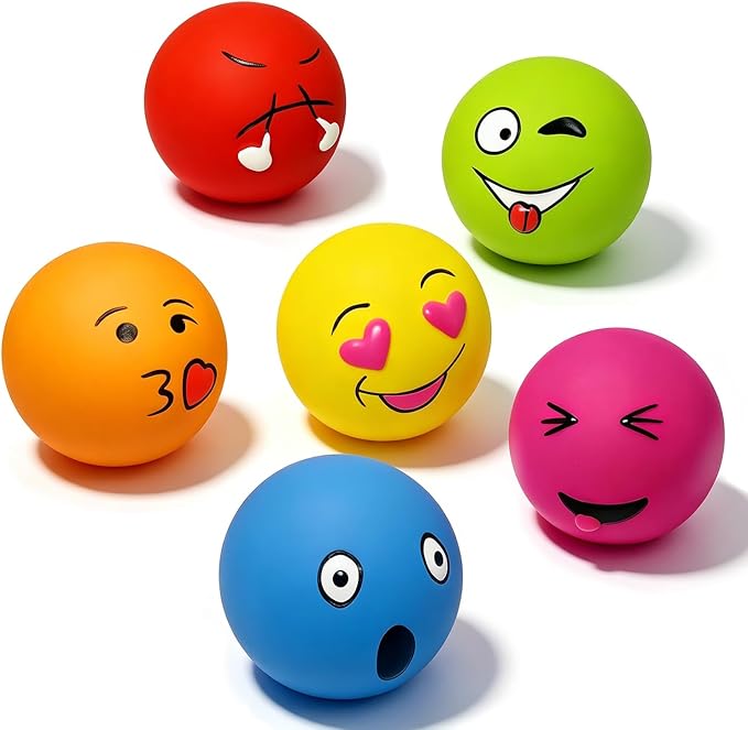 HOLYSTEED Latex Squeaky Dog Balls for Medium Breeds, 2.5" Round Squeak Toys | 2.5"x2.5"x2.3", 6-Pack Soft Rubber Smile Face Dog Ball Squeaky, Bouncy Fetch Puppy Toy with Squeaker for Indoor Outdoor