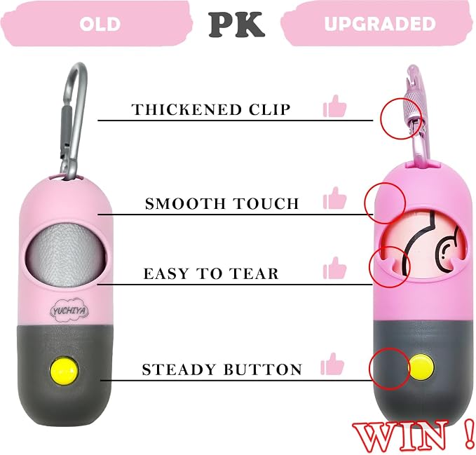 Dog Poop Bag Holder with LED Flashlight for Night Walks,Silicone Tether & Donut Pattern Clip for Used Bags, Hands-Free Metal Leash Carabiner, Includes 15 Scented Waste Bags(Pink)
