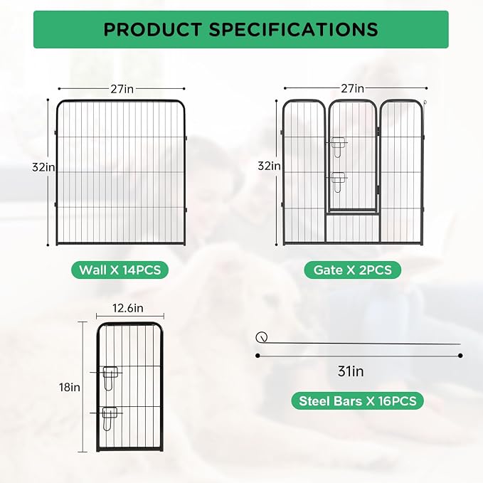 BestPet | Dog Playpen | 32 Inch, 16 Panels | Heavy Duty Metal Pet Exercise Pen | Indoor Outdoor Fence Panels | Rust-Resistant, Removable, Tool-Free Setup | Anti-Skid, Expandable Design