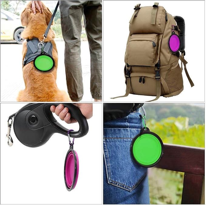 Dog Bowl Collapsible, 2 Pack, with Carabiners, Small, Green+Purple