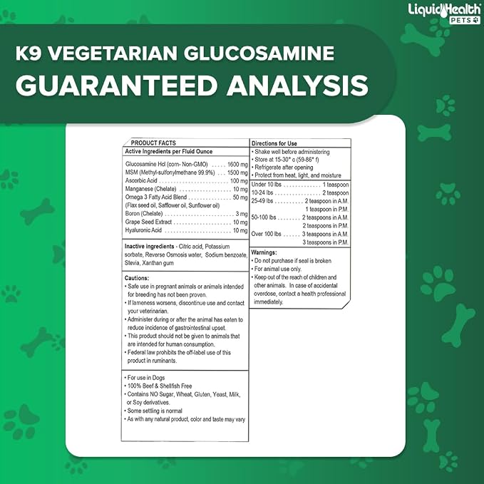 LIQUIDHEALTH Pets K9 Vegetarian Liquid Glucosamine Juice for All Dogs Canines with Chondroitin, MSM, Omega 3, Antioxidants, Hyaluronic Acid - Dog Vitamin Oil for Hip & Joint Health - USA Made (2 Pack)