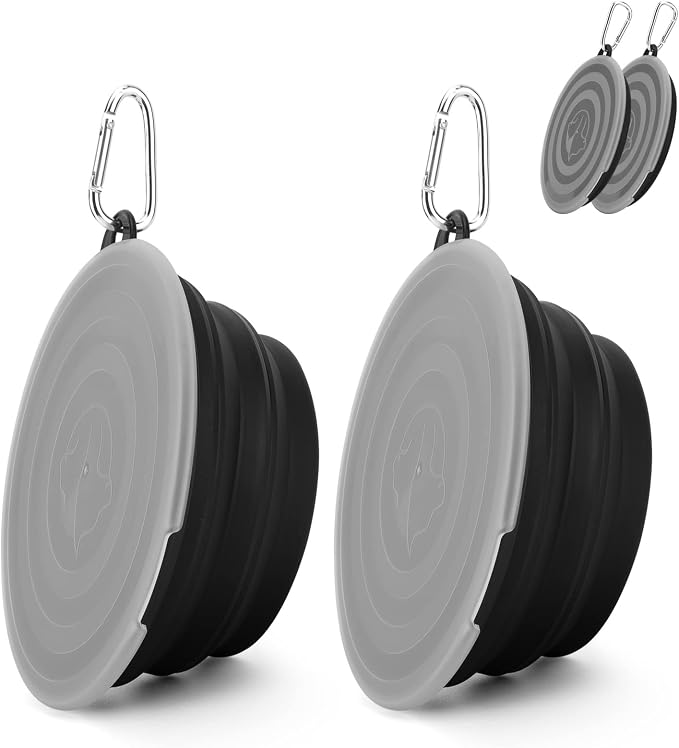 SLSON Collapsible Dog Bowls with Lids, 2 Pack, Black and Black, Large