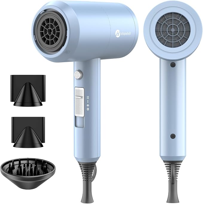 Slopehill Professional Ionic Hair Dryer, Powerful 1800W Fast Drying Low Noise Blow Dryer with 2 Concentrator Nozzle 1 Diffuser Attachments for Home Salon Travel (Matte Blue)