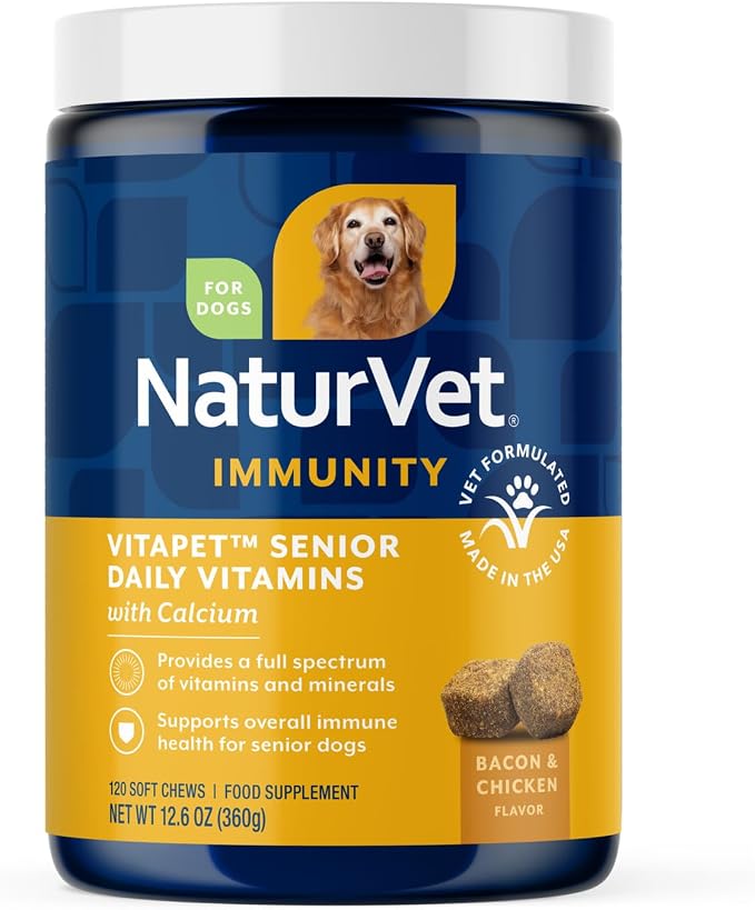 NaturVet VitaPet Senior Daily Vitamin Dog Supplements - 120 Ct | Glucosamine, Includes Full-Spectrum Vitamins, Minerals, Joint Support for Older, Active Dogs, Soft Chews
