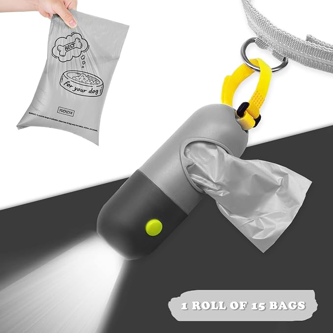Dog Poop Bags Holder with LED Flashlight|Pet Waste Bags Dispenser for Leash|Doggie Potty Bags Container with Leak-proof Pet Trash Bags and Accessories (1 Holder 15 Bags, Grey and Black)