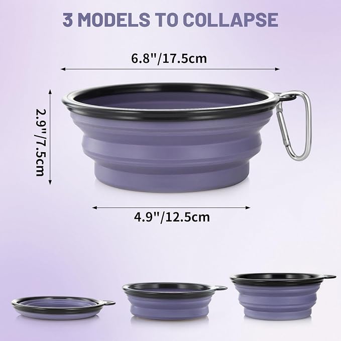 Dog Bowl, Large Collapsible, 2 Pack, with Carabiners, Purple & Concrete Gray